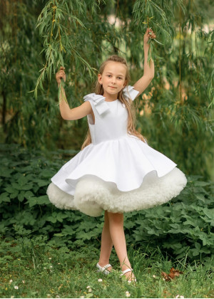 White Satin Tulle Ruffles Wedding Flower Girl Dress